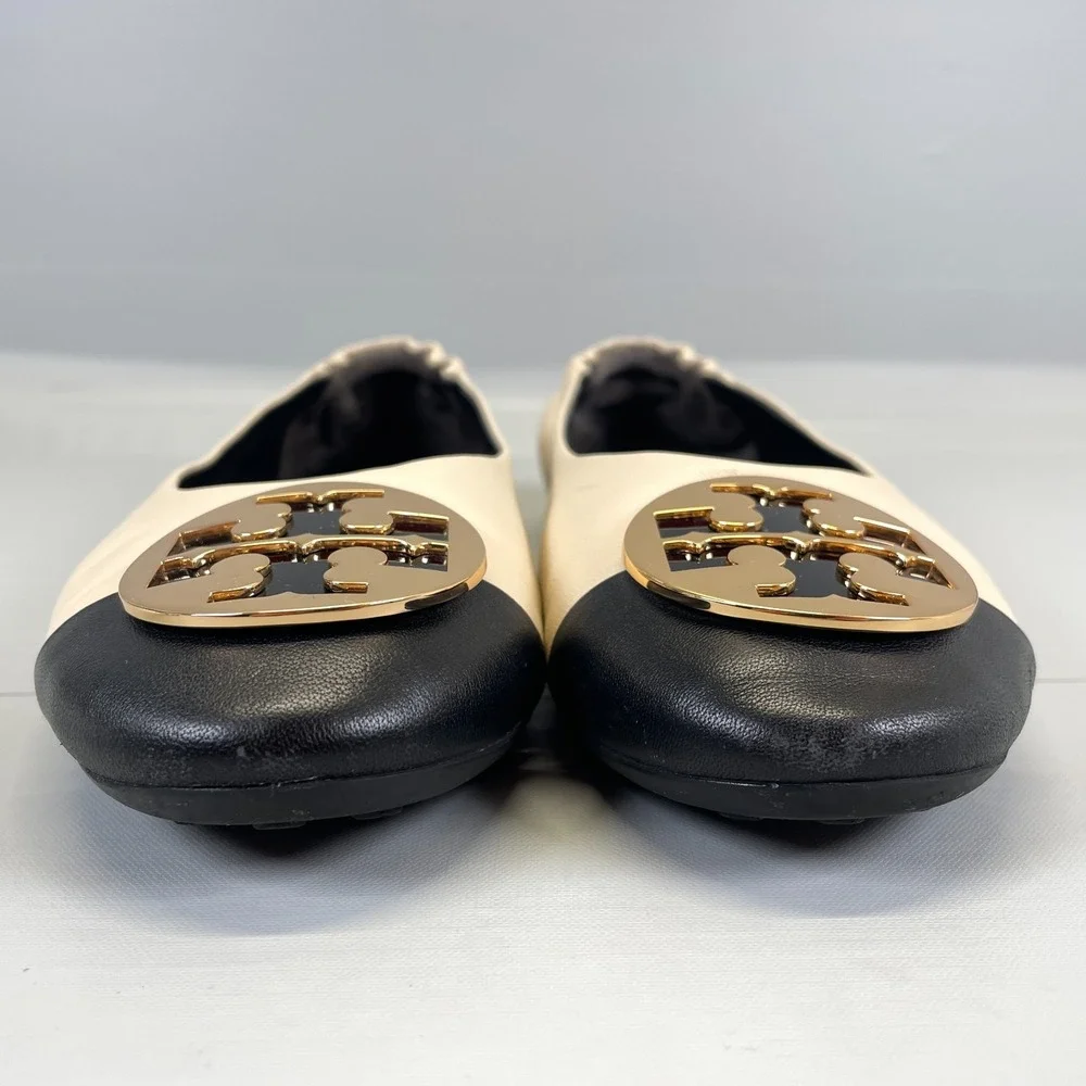 Tory Burch Claire Ballet Flats Womens Size 7.5 Cream Black Leather Cap Toe Shoes